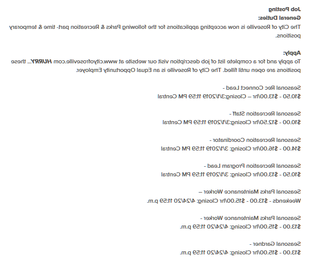 Example of format to follow when submitting seasonal city job postings to include General Duties; How to Apply; and the job title, salary/hourly rate, and Closing (deadline to apply).